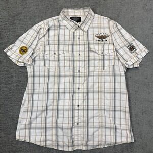 Harley Davidson Shirt‎ Men's 2XL Multi Patch White Plaid Short Sleeve Button #1